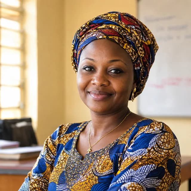 Aisha Bello, a secondary school teacher from Kano, photographed in a patterned headwrap