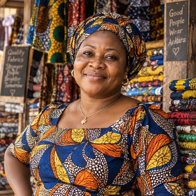 Chinelo Okafor, a fabric trader from Onitsha, photographed in her market stall