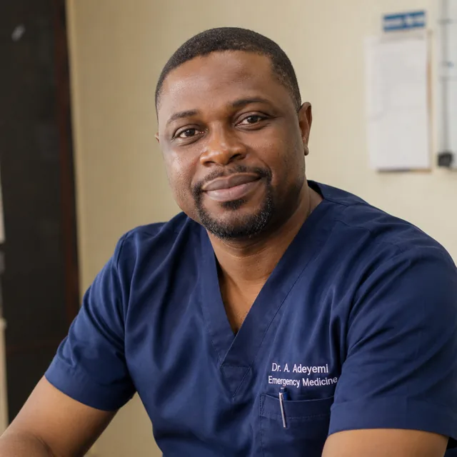 Tunde Adeyemi, an NHS nurse based in Manchester, photographed in navy scrubs