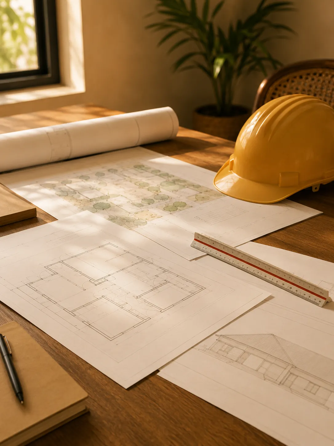 Architectural drawings and a site plan spread across a wooden table beside a scale ruler and a hard hat