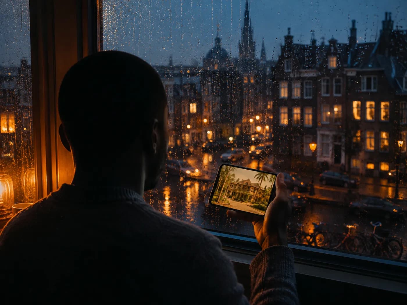 A person at a rain-streaked window in a northern city at night, holding a phone showing a sunlit home in Nigeria
