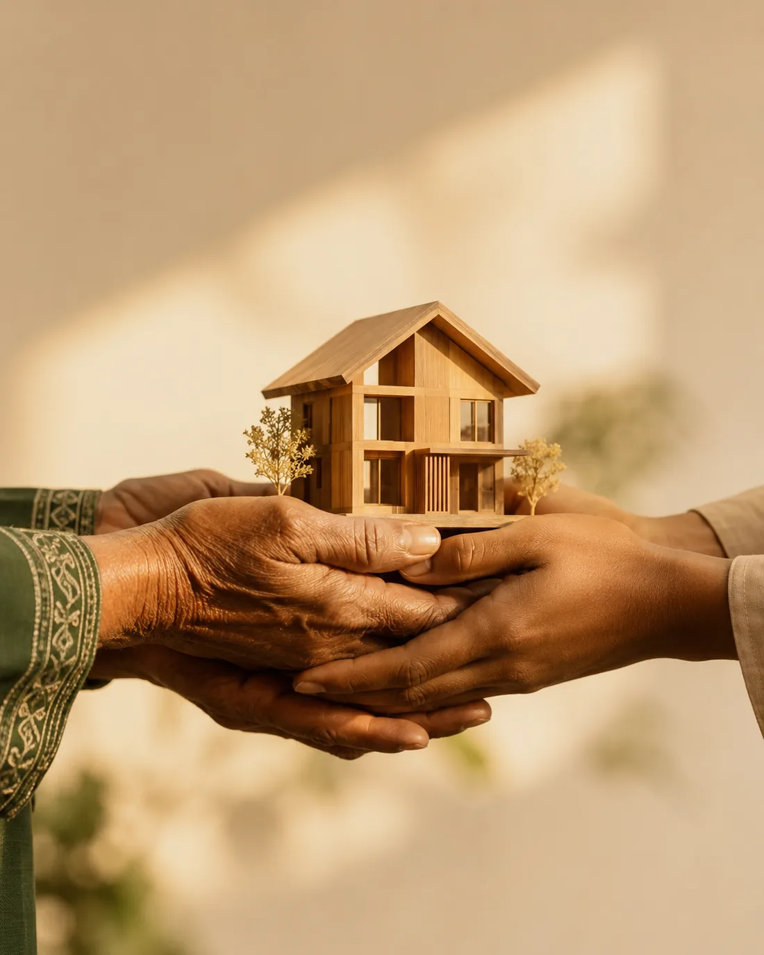 Two pairs of hands of different ages holding a small wooden model of a house together