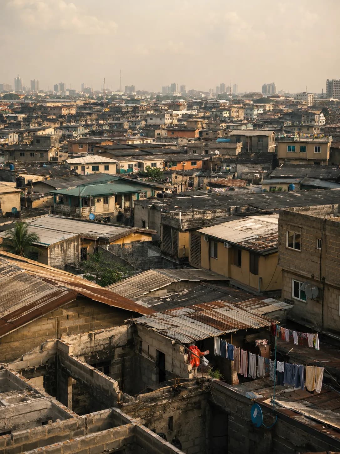 A dense Nigerian urban neighbourhood seen from a rooftop, corrugated roofs and unfinished blockwork stretching into hazy afternoon light